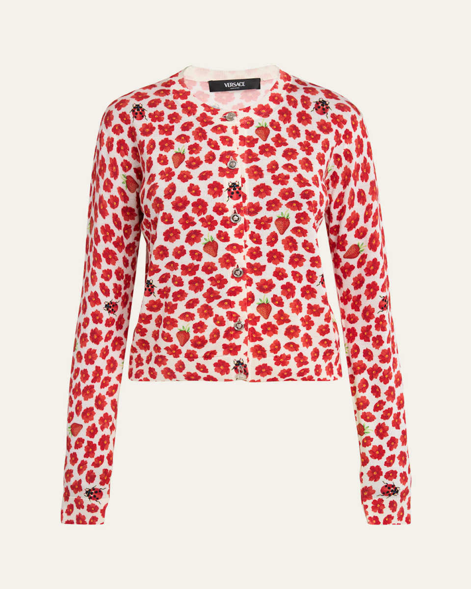 Strawberry Garden Print Silk Knit Cardigan